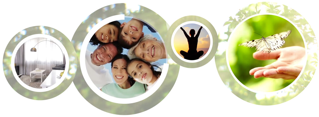 Circular images showing healthy people outside in the environment. Butterfly on a hand.