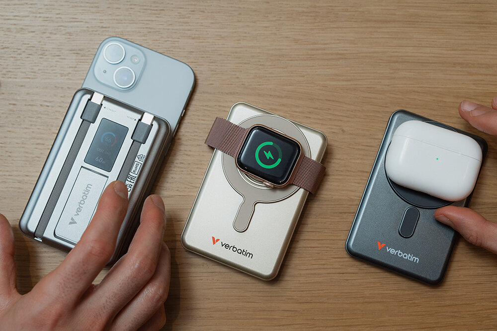 Power Bank range. 1st attached to a phone showing the 2 cables and display. 2nd charging an Apple Watch, 3rd charging AirPods.