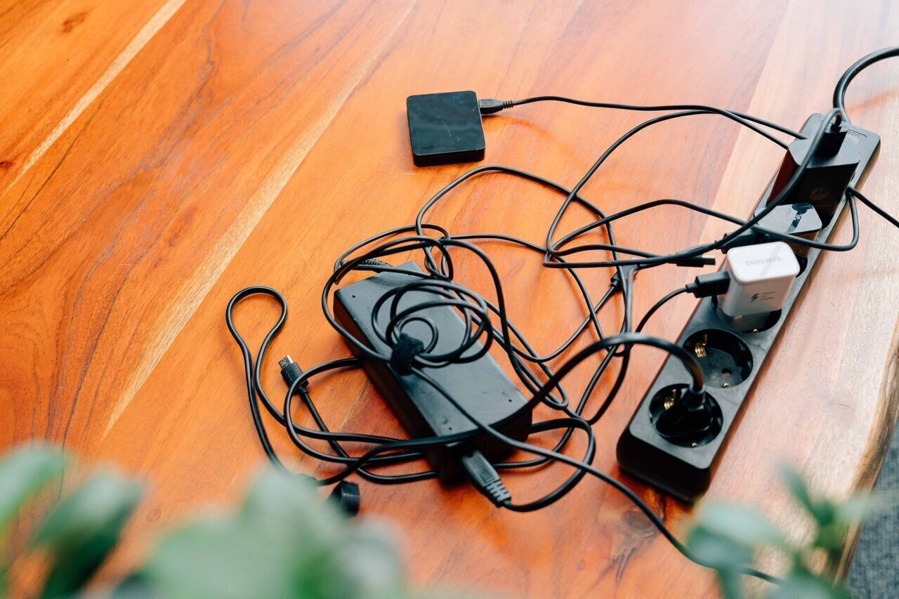 cables tangled on the floor next to a plug extension