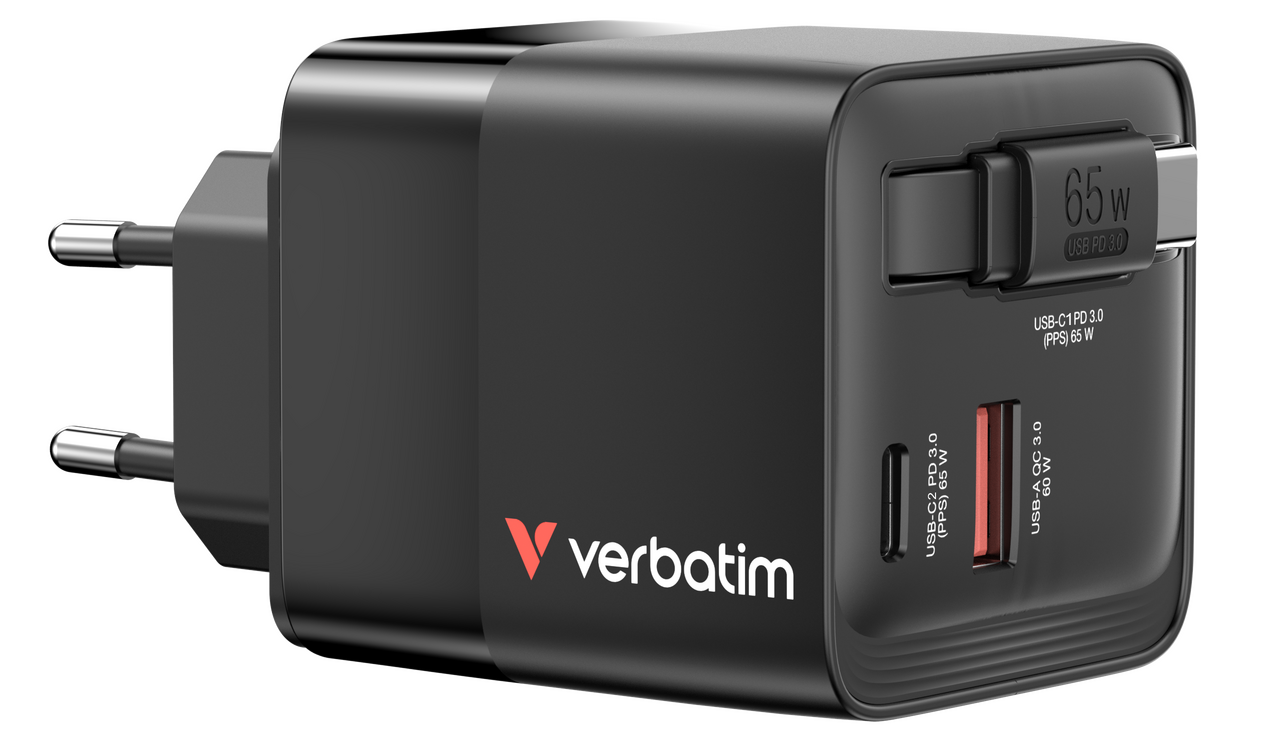 Verbatim GaN charger with an EU plug. Integrated cable and USB ports shown on the back.