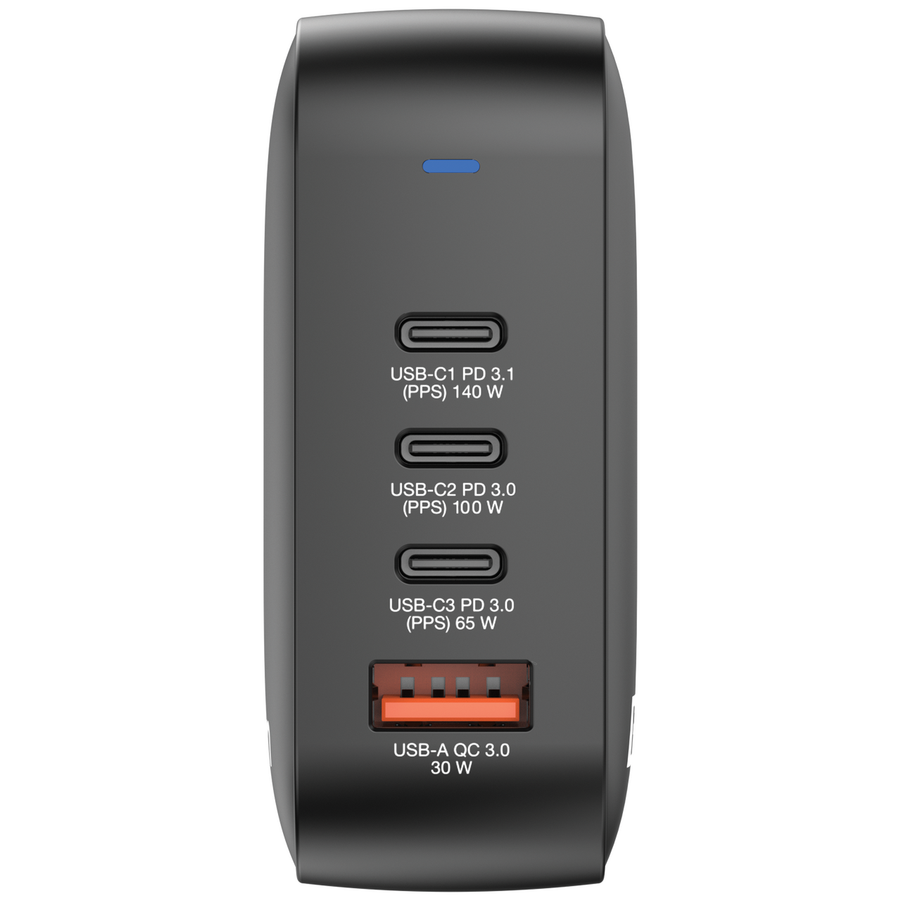 Back of a Verbatim GaN Charger showing the USB ports: 3 USB-C ports and a USB-A port.