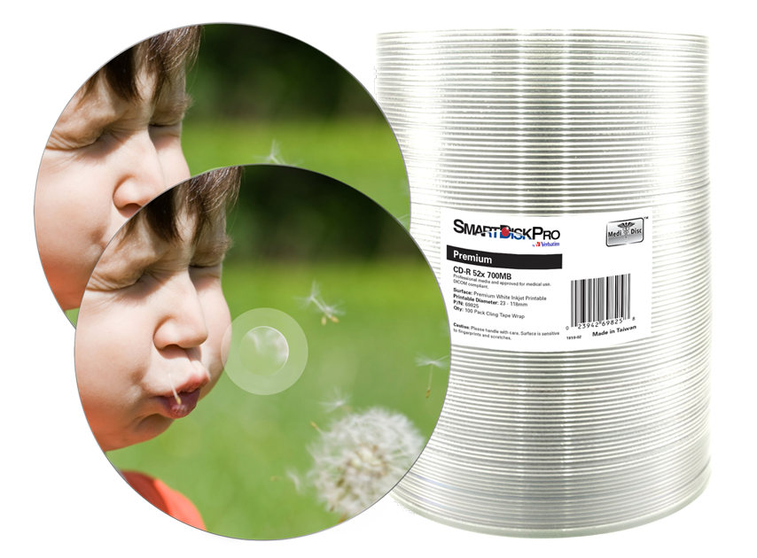 SmartDisk Pro bulk 100 spindle pack with printed discs of a child blowing a daffodil