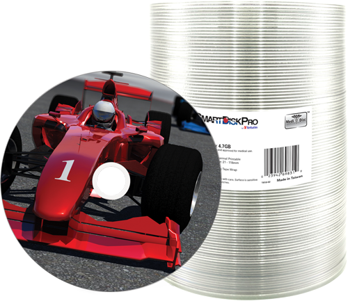 SmartDisk Pro thermal printable disc spindle pack with a printed disc with a red race car on it