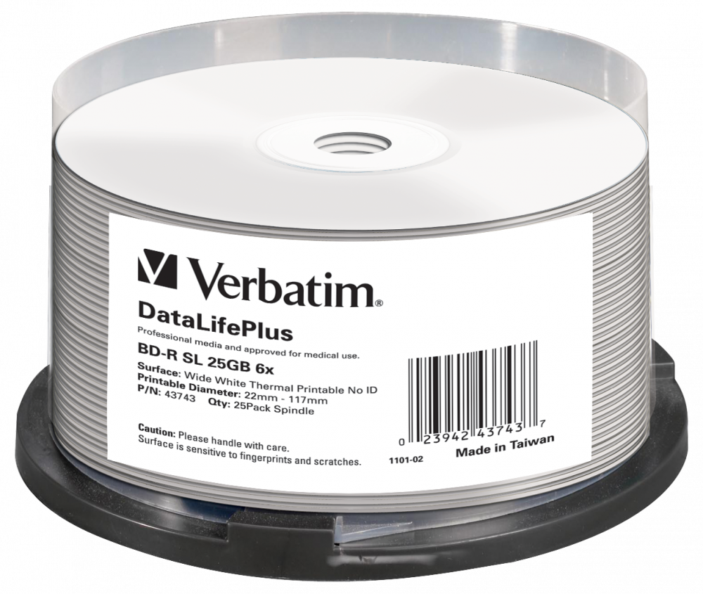 BD‑R 25GB 6x Wide White Thermal Printable 25 Pack Spindle ‑ No ID Brand