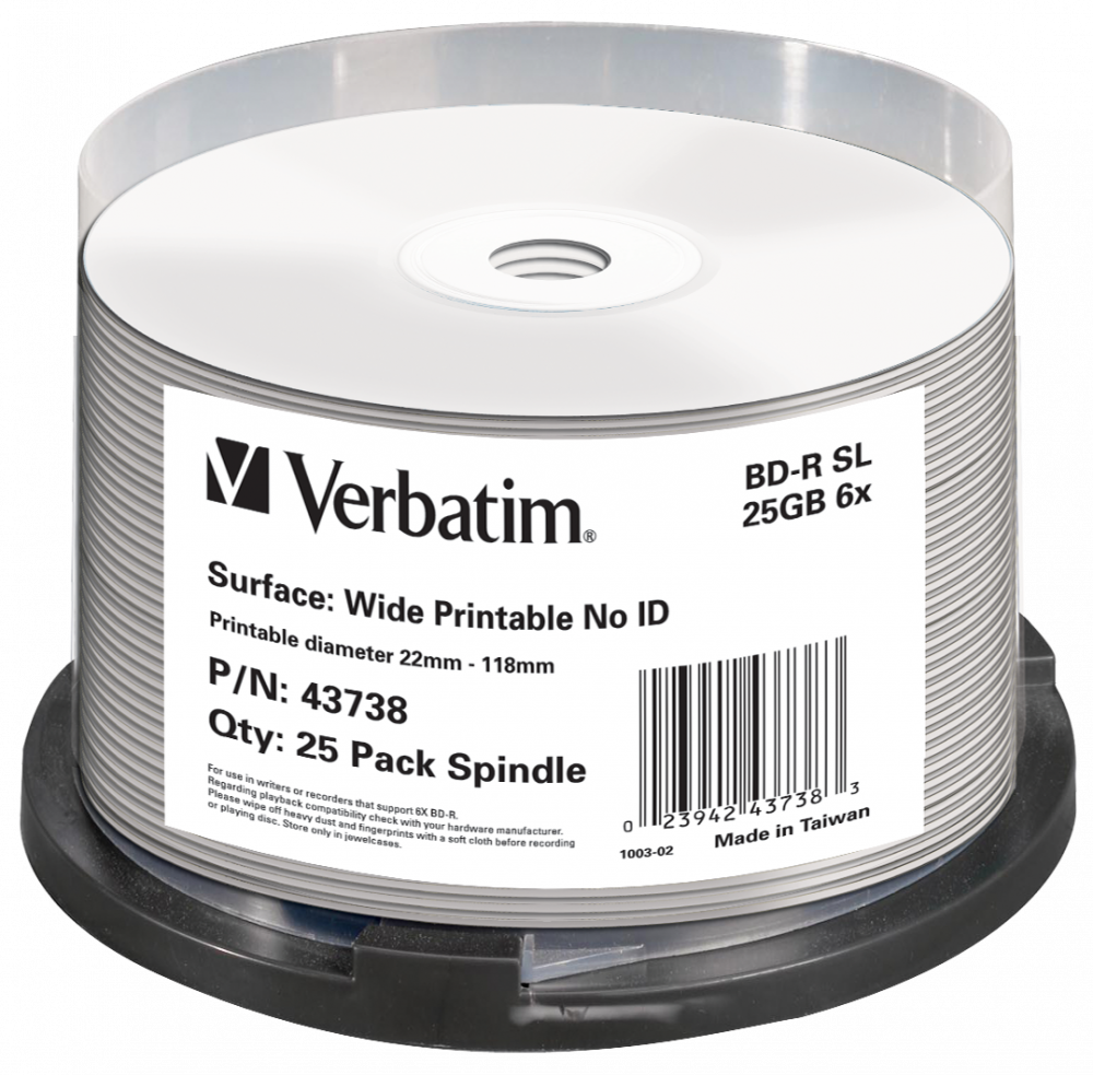 BD‑R SL 25GB 6x Wide Printable 25 Pack Spindle ‑ No ID Brand