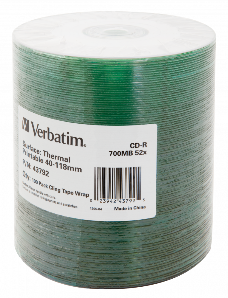CD‑R Thermal Printable No ID Brand ‑ 100 Pack Wrap Spindle