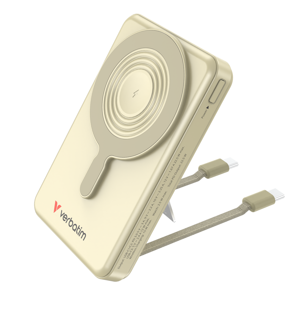 Charge 'n' Go Magnetic Wireless Power Bank with Two Cables and Display 10,000mAh Gold
