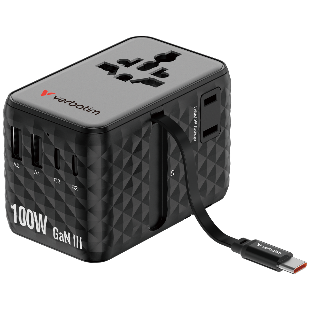 Charge 'n' Travel 100W GaN III Universal Travel Adapter with Retractable USB-C Cable - Black
