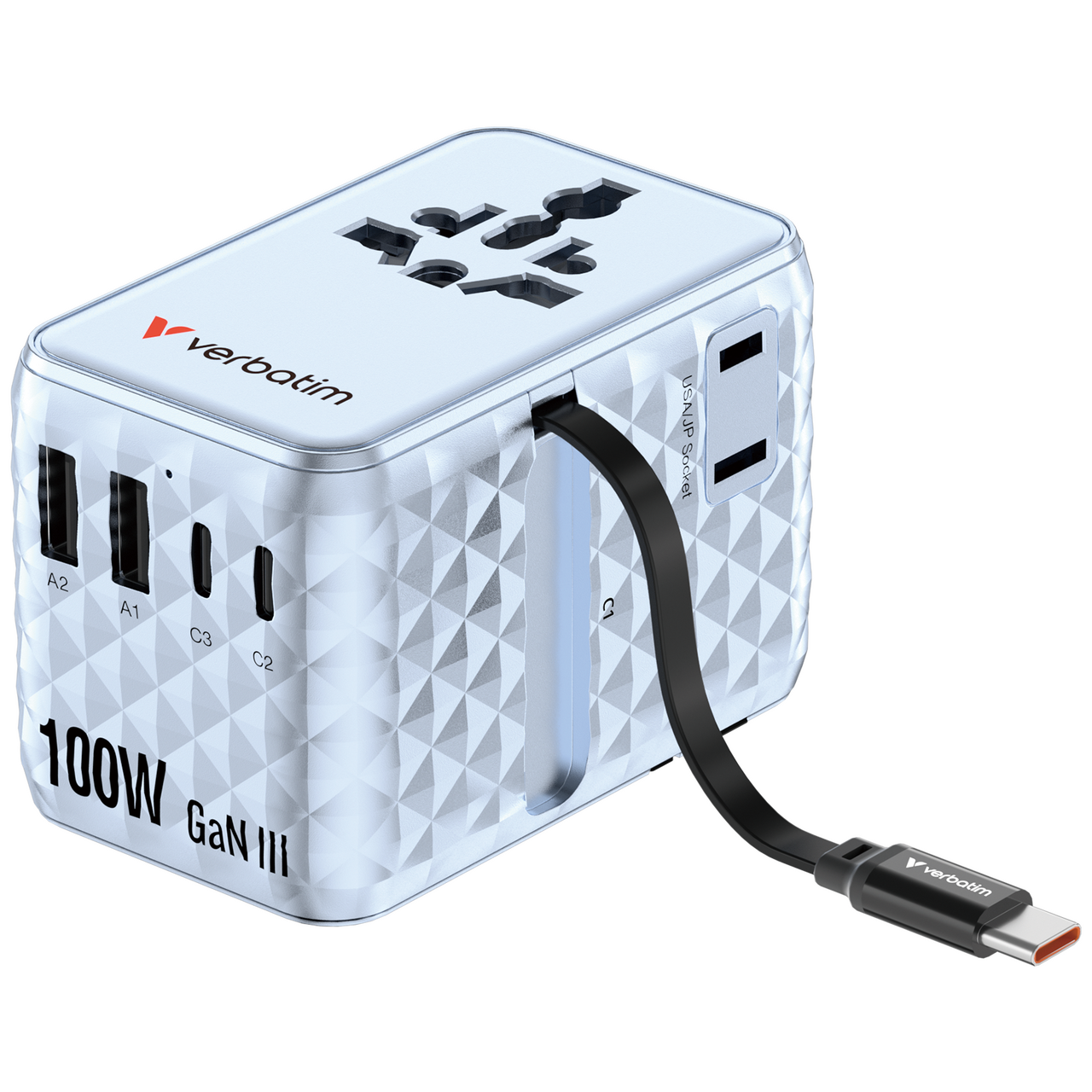 Charge 'n' Travel 100W GaN III Universal Travel Adapter with Retractable USB-C Cable - Blue