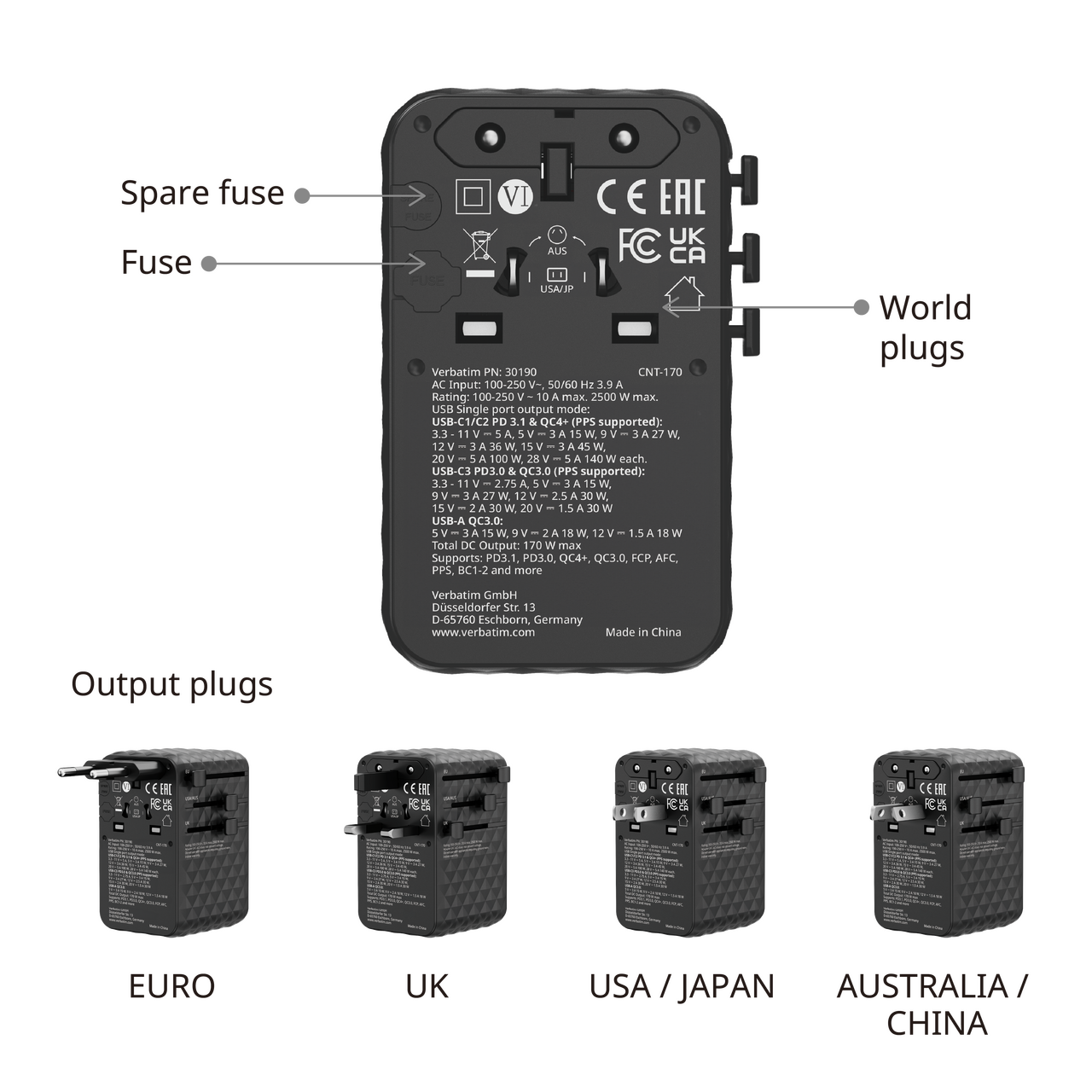 30190 Verbatim Charge N Travel 170w Plugs