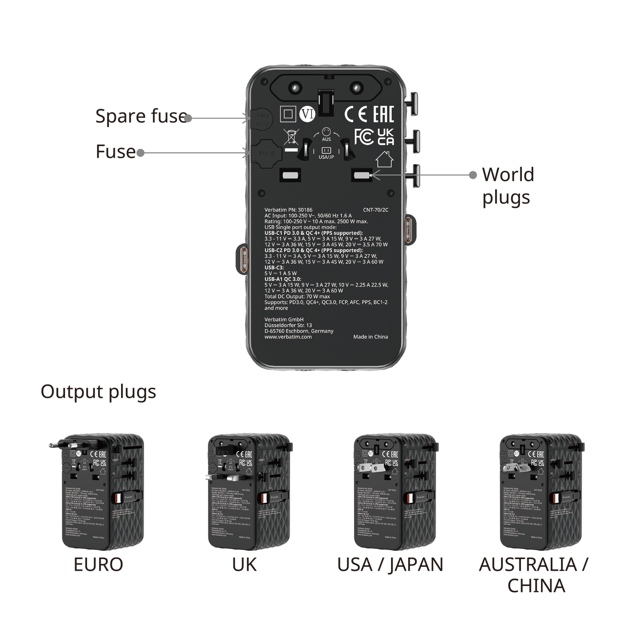 30186 30187 30188 Verbatim Charge N Travel 70w 2c Plugs
