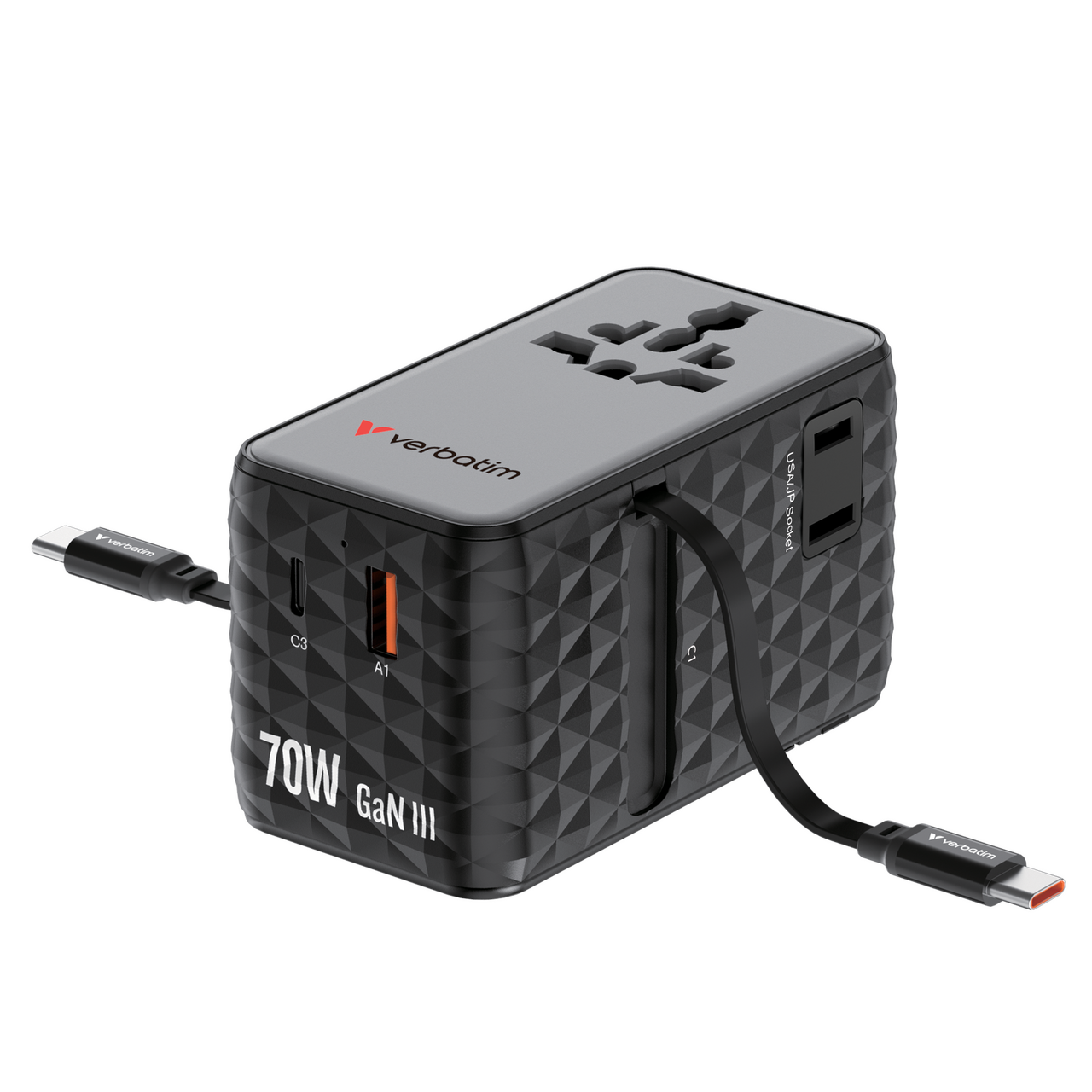 Charge 'n' Travel 70W GaN III Universal Travel Adapter with 2 retractable cables - Black