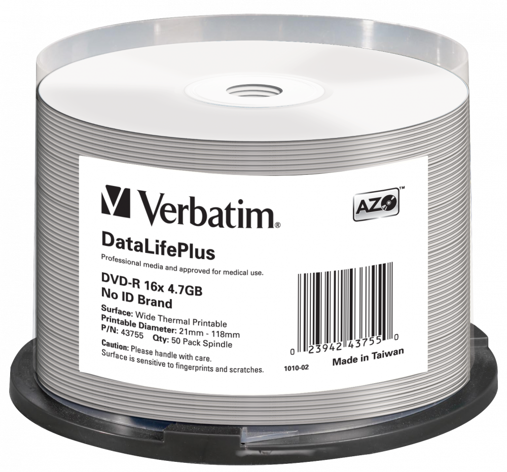 DVD‑R 16x DataLifePlus Wide Thermal Printable 50pk Spindle ‑ No ID Brand