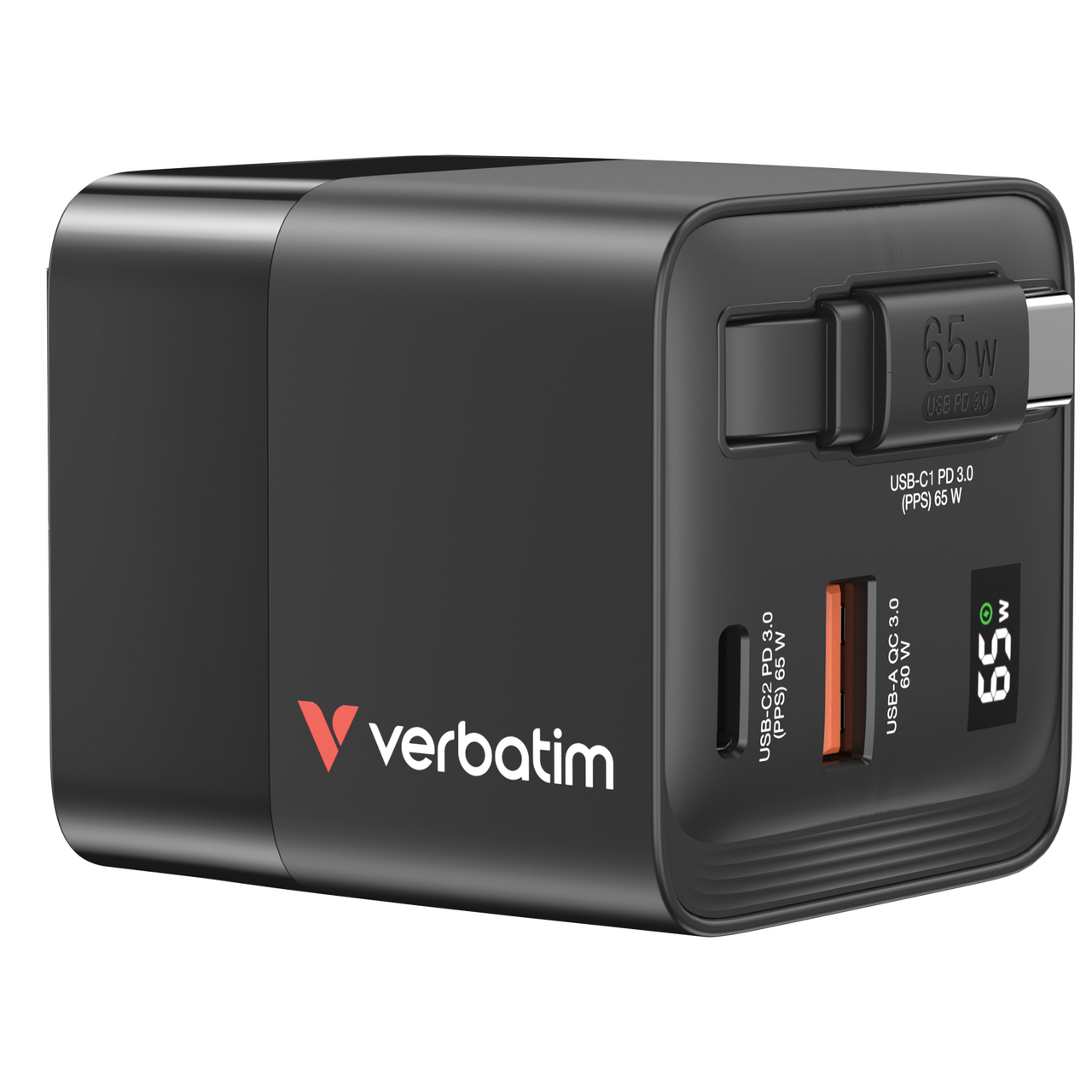 GaN Wall Charger 65W 2 Port with Retractable Cable