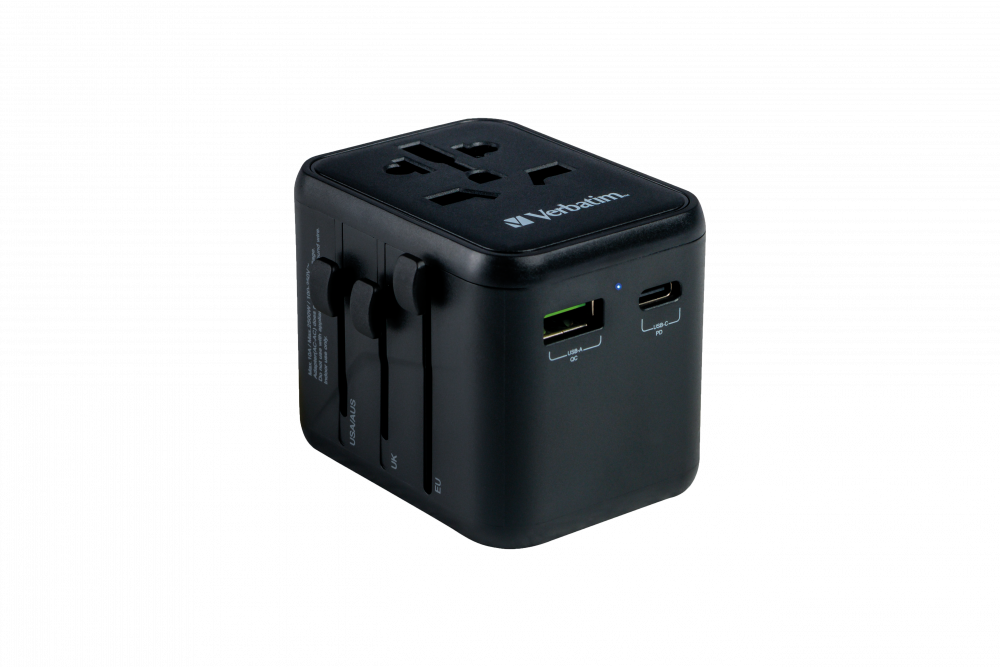 Universal Travel Adapter with 1 x USB‑C, 1 x USB‑A ports